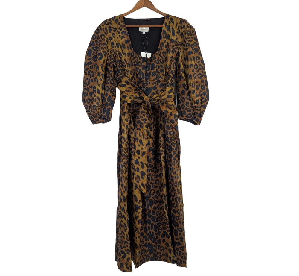 Tuckernuck Leopard Midi Dress Puff Sleeves Square Neck Pockets Office Womens 6